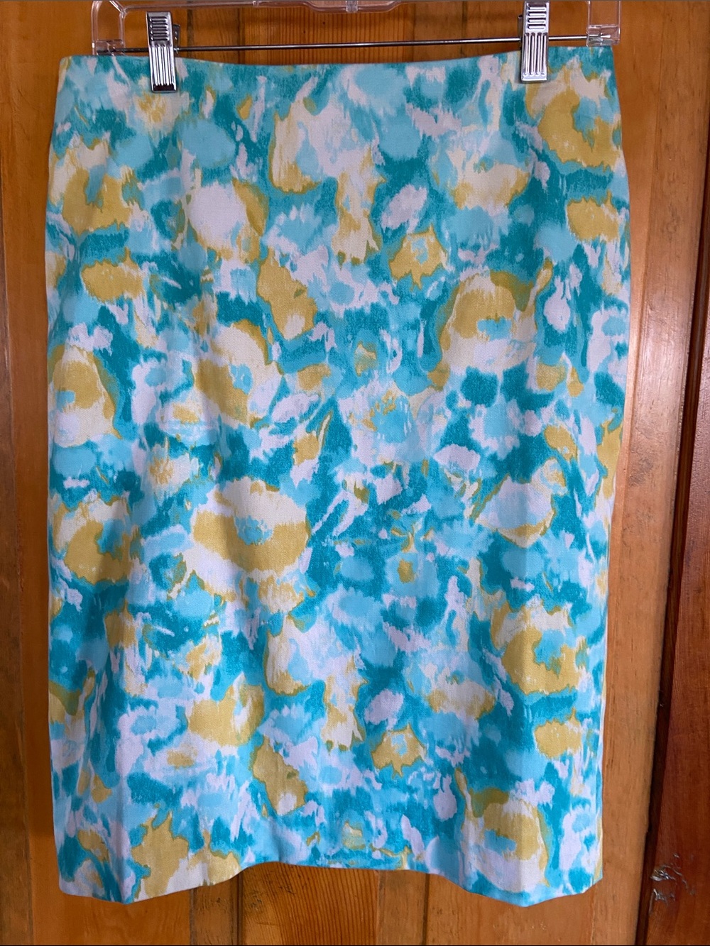 Talbots Womens Pencil Skirt in Turquoise, Yellow & White Watercolor Print
